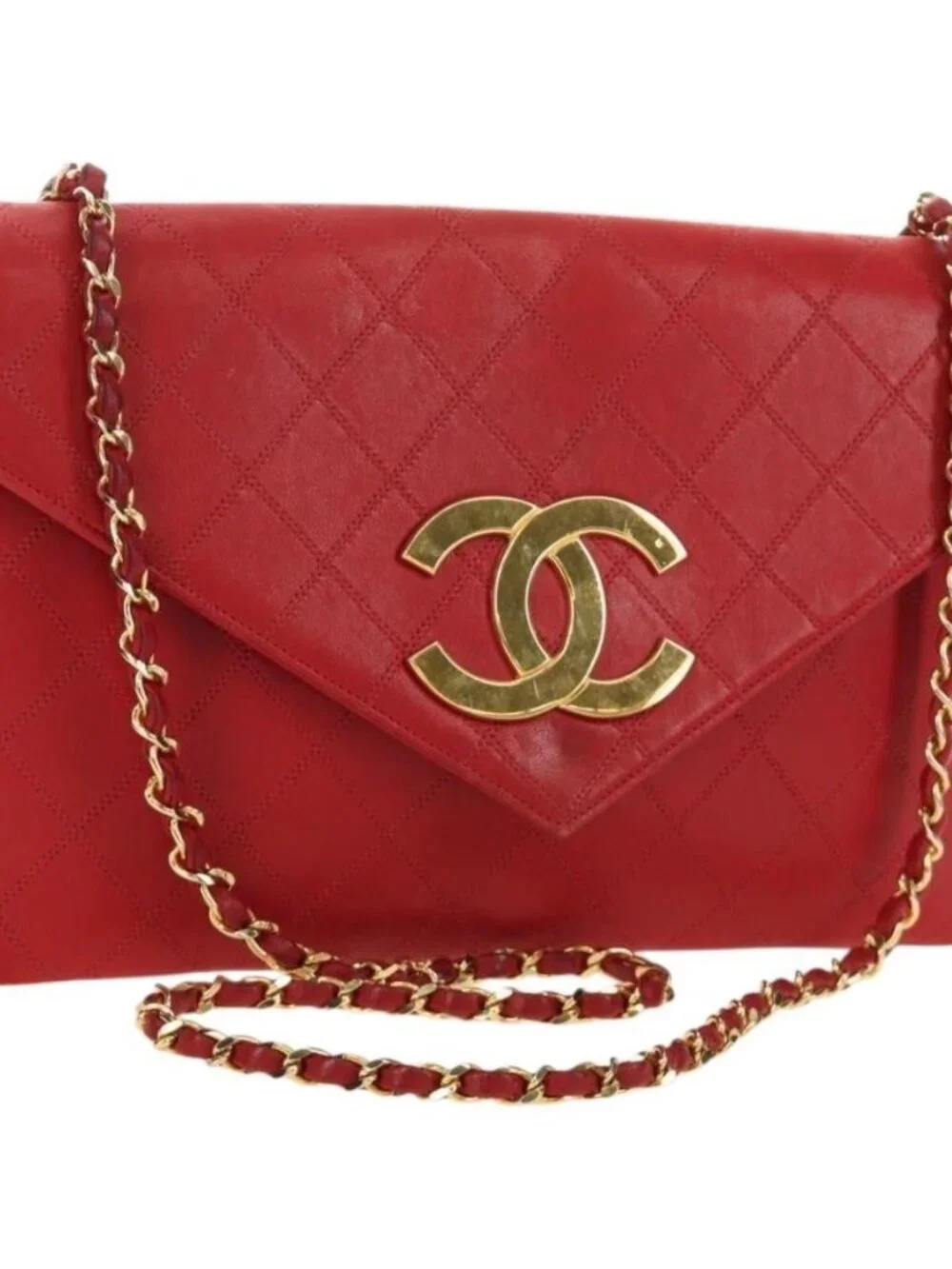 CHANEL Bicolore Chain Shoulder Bag Lamb Skin Red Gold CC Auth BA13416V
